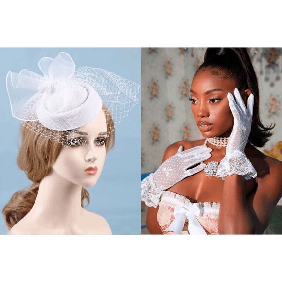🤍 2PCS Pinup Retro Vintage Classy 1950s White Hat Gloves Accessories Set NEW - Picture 16 of 16